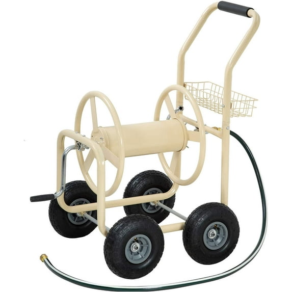 Garden Hose Reel Cart with Wheels Garden Lawn Water Truck Water Planting Cart Heavy Duty Outdoor Yard Water Planting Holds 300-Feet of 5/8-Inch Hose with Storage Basket,Tan