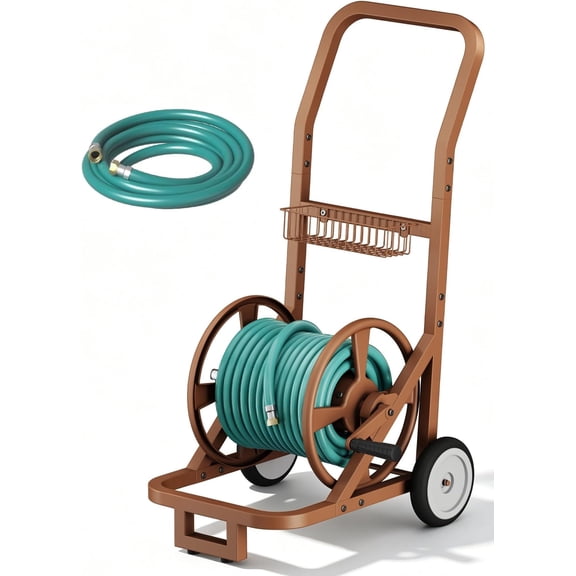 Garden Hose Reel Cart with Wheels, Outdoor Heavy Duty  Coated Steel Mobile Water Hoses Holder Winder Holds 125 ft 5/8" Hoses with 3.9ft Leader Hose and Basket for Outside, Brown