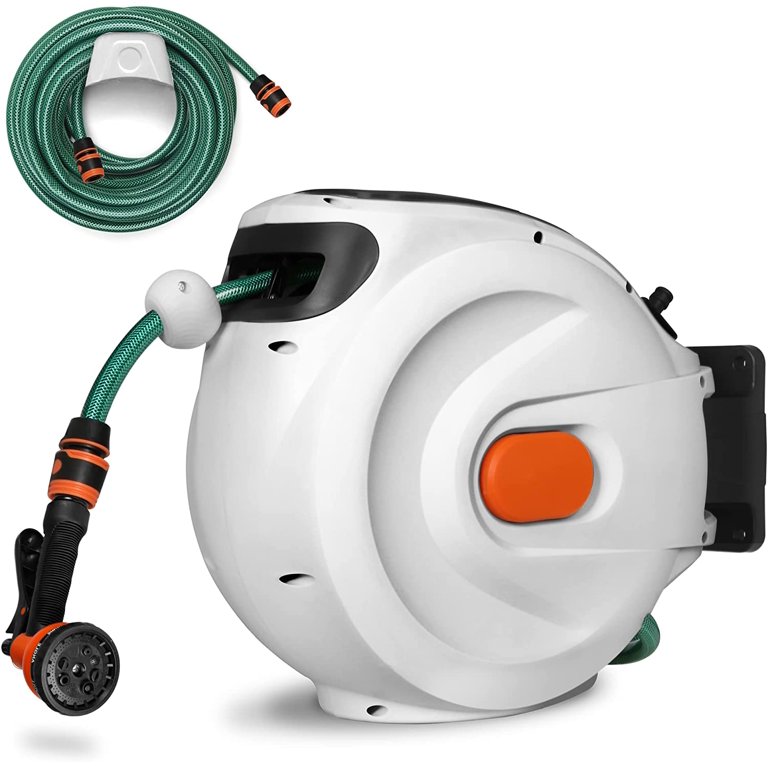 Retractable Hose Reel, 1/2 in x 100 ft Outdoor Hose Reel, Wall Mounted Hose  Reel, Garden Hose Reel Heavy Duty with 8-Function Sprayer Nozzle, Any