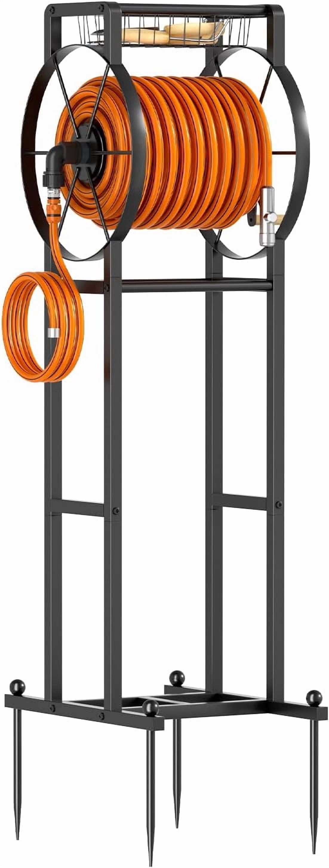 Garden Hose Reel Stand with Storage Rack - 125ft 5/8” Water Hose Organizer Holder, 4 Ground Spikes & Hooks, 3.9ft Leader Hose Brass Fitting, Detachable Metal Frame, Black