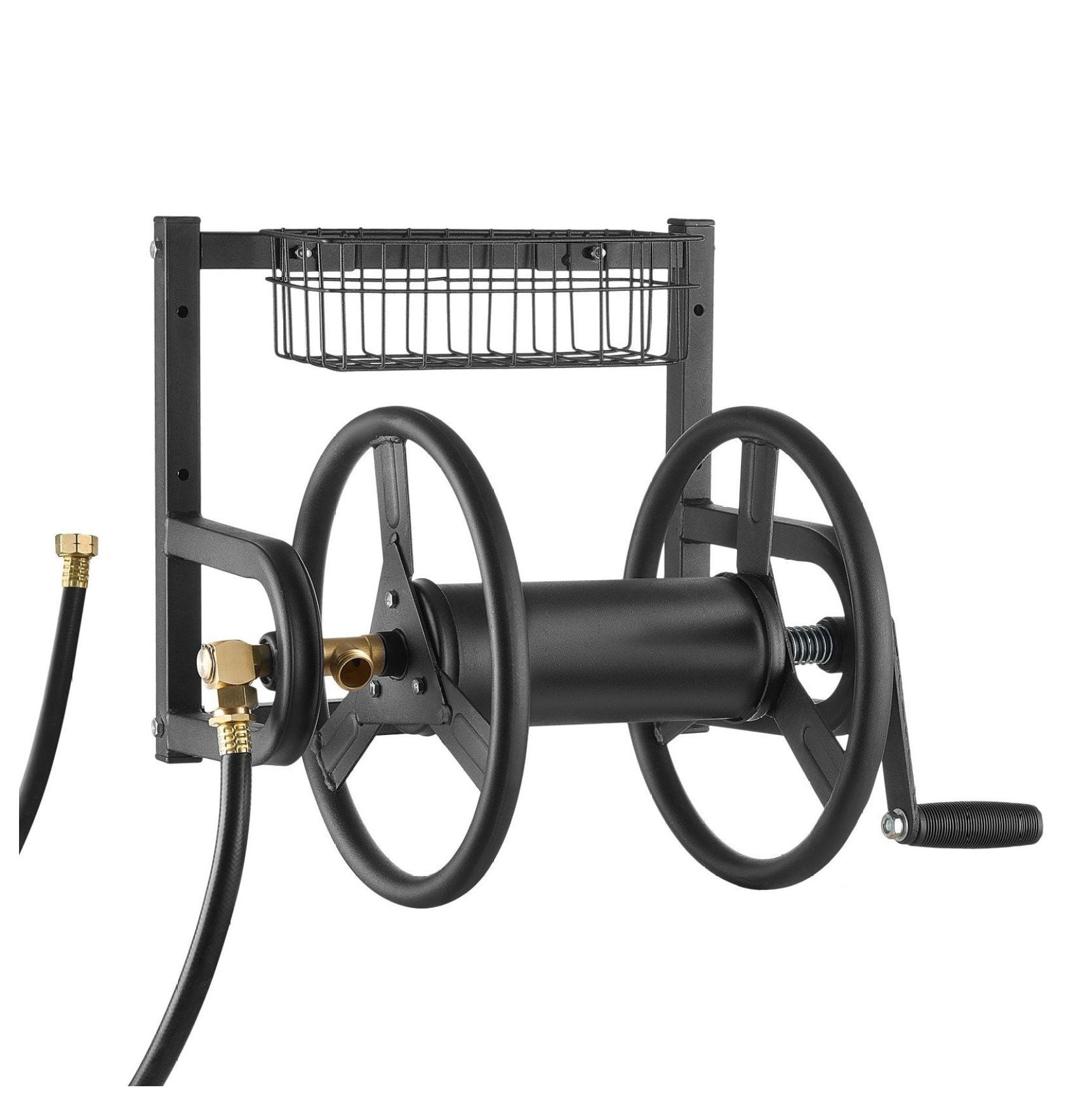 Garden Hose Reel Wall Mounted 125ft 5/8in, Brass Fittings Hose Holder & Basket - Heavy Duty Steel Outdoor Hose Reel for Yard