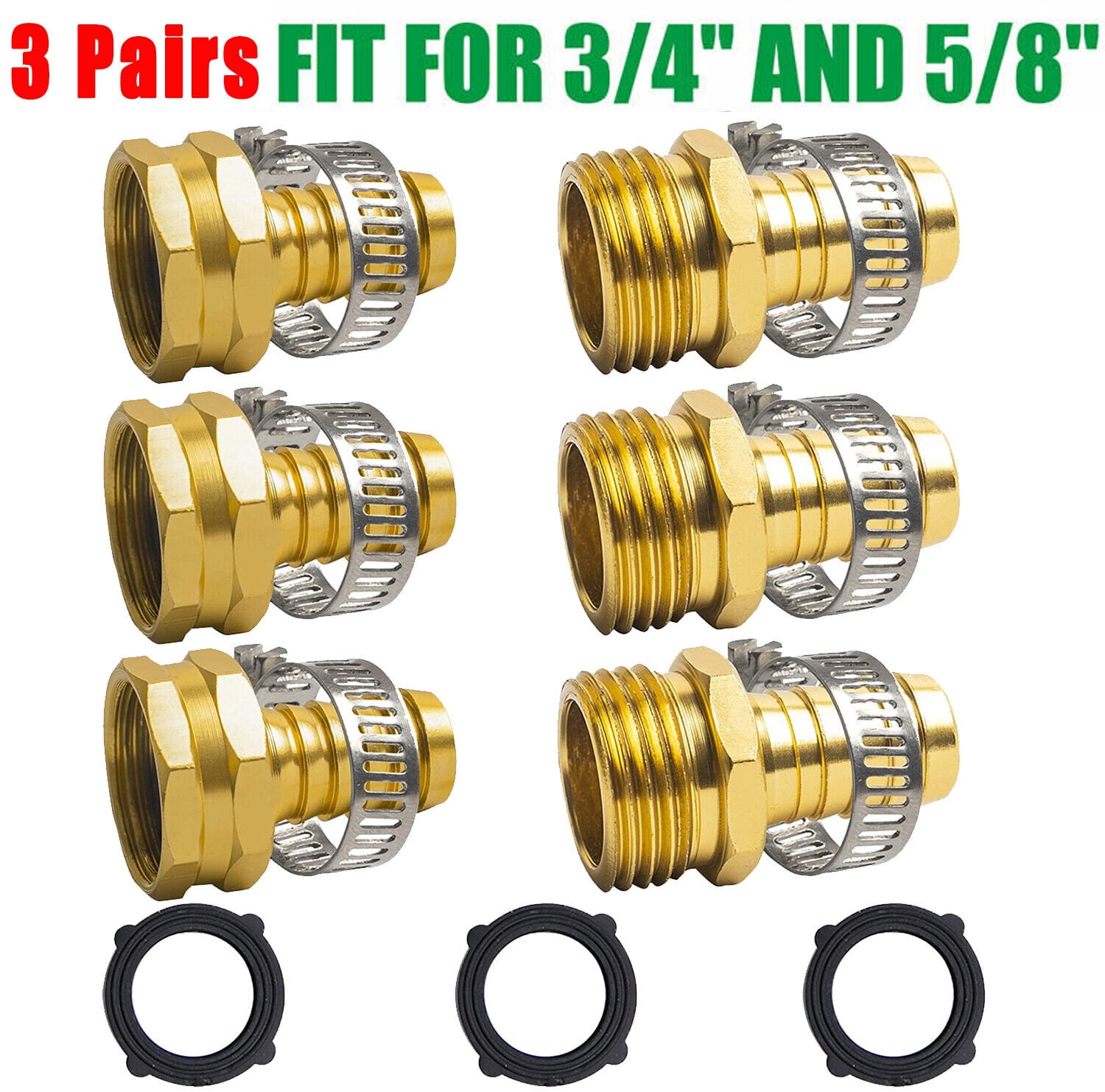 Garden Hose Repair Connector with Clamps for 3/4" 5/8" Garden Hose Fitting