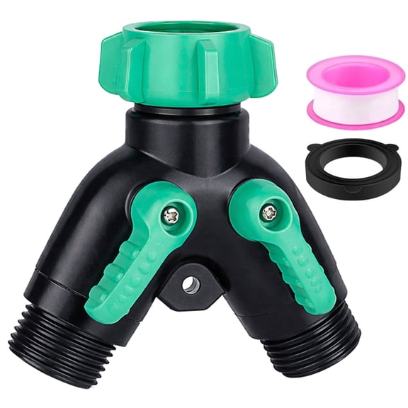 Garden Hose Splitter 2 Way, 3 4 Inch GHT Y Hose Adapter for Outdoor Faucet, Water Spigot Hose Bib Connector with Shut Off Valves, Includes Extra Rubber Washers