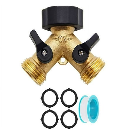 Garden Hose Splitter 2 Way, Heavy Duty Brass Connector Tap Splitter, Y Splitter 2 Valves with 4 Extra Rubber Washers, Hose Bib Splitter