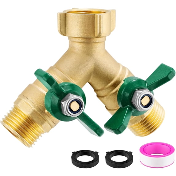 Garden Hose Splitter 2 Way, Heavy Duty Brass Water Hose Splitter, 3/4" GHT Hose Y Splitter with Shutoff, Full Flow Outdoor Faucet Splitter and Garden Hose Connector, Water Hose Y Valve Tap Adapter