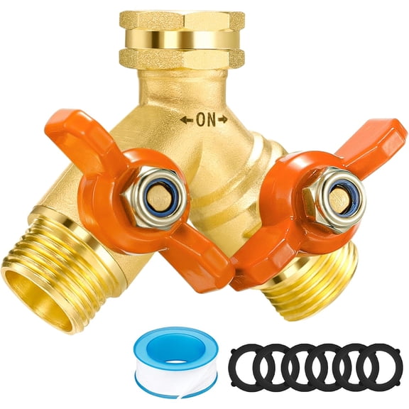 Garden Hose Splitter 3/4" GHT Full Flow 2 Way Brass Hose Splitter Heavy Duty All Metal Hose Y Splitter with Shutoff Outdoor Faucet Water Hose Splitter Y Valve Tap Adapter for Outdoor Garden
