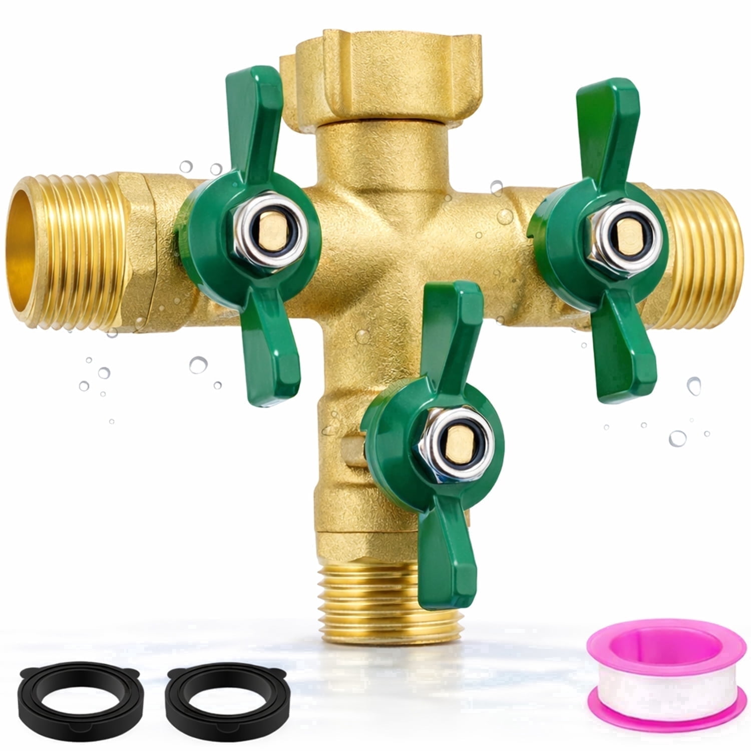3-Way Brass Garden Hose Splitter, Heavy Duty Water Hose Valve with Long Handles for Lawn and Yard Watering