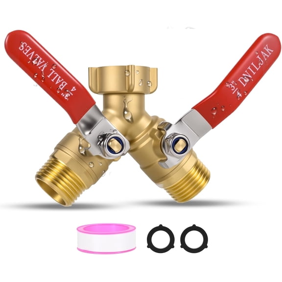 Garden Hose Splitter Way Heavy Duty, Brass Water Hose Splitter With 304 Stainless Steel Long Handle, 3/4 Inch GHT Thread Hose Y Splitter With Shutoff Hose Splitter Adapter (Include Teflon Tape)