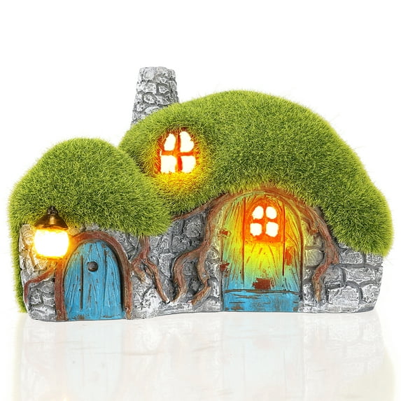 Garden House Statue 7.7" - Fairy Garden House Statue with Solar Lights Garden Cottage Lighting Figurines for Patio Yard Decor,6.8"D x 3.9"W x 4.5"H