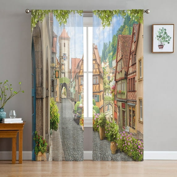Garden Italian Arch Architectural Flowers Street Tulle Curtains for Living Room Chiffon Sheer Voile Kitchen Bedroom Curtain