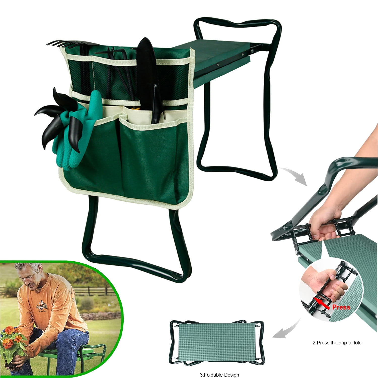 Garden Kneeler and Seat, Foldable Garden Stool with Eva Pad \u0026 A Big Tool Pouche, Heavy Duty Gardening Bench for Kneeling and Sitting to Prevent Knee \u0026 Back Pain, Great Gardening Gifts for Grandparents