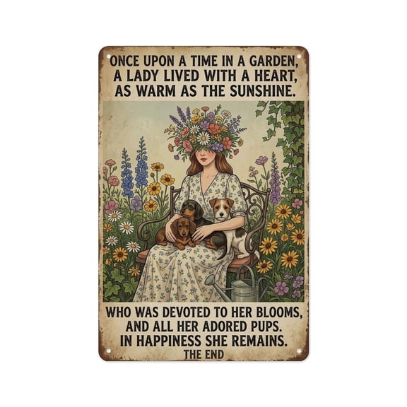Garden Lady with Dogs Heart As Warm As Sunshine Sign Metal Tin Sign Wall Decor Wall Art Vintage Room Decoration Tin Painting Poker Room Poster for Home Man Cave Bar Cafe Store Garage Or Club 12x8 Inc