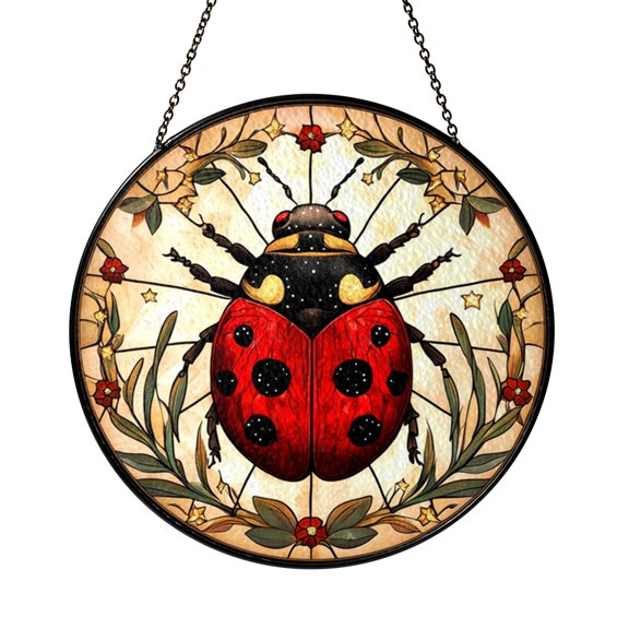 Garden Ladybug Flower Art Glass Style Decorative Window Hanging