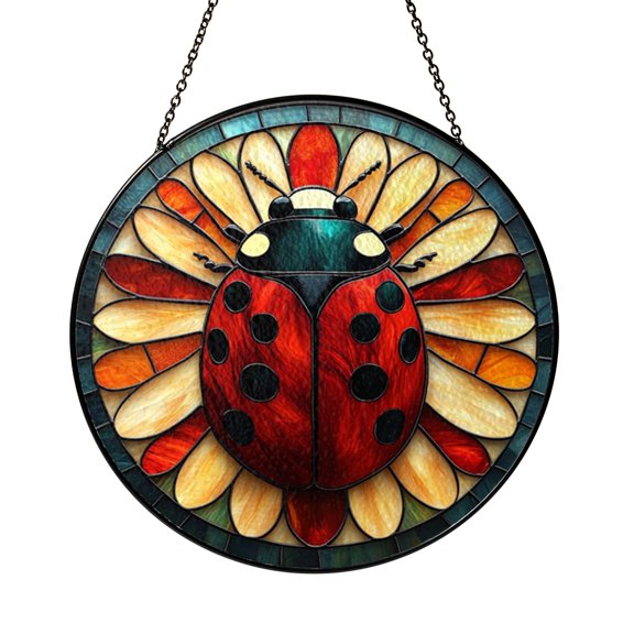Garden Ladybug Stained Glass Window Hanging Suncatcher, Cheerful Nature Bug Decor