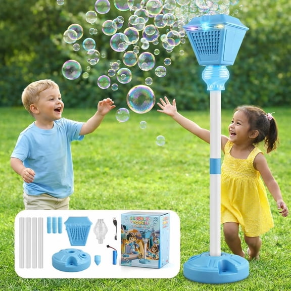 Garden Lamp Kids Bubble Toy, Bubble Maker with LED Light, Rechargeable Adjustable Height Blower for Summer Outdoor Fun Events