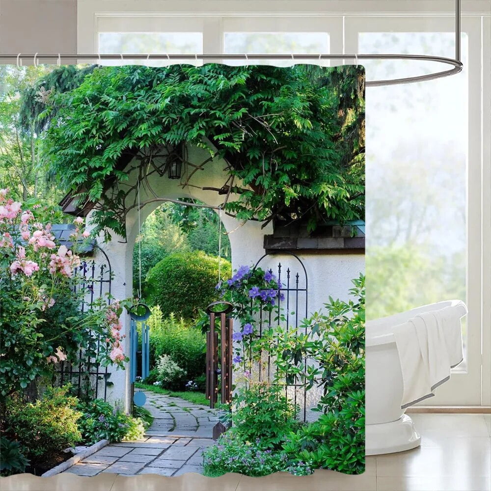 Garden Landscape Outdoor Shower Curtain Street Flowers Green Plants