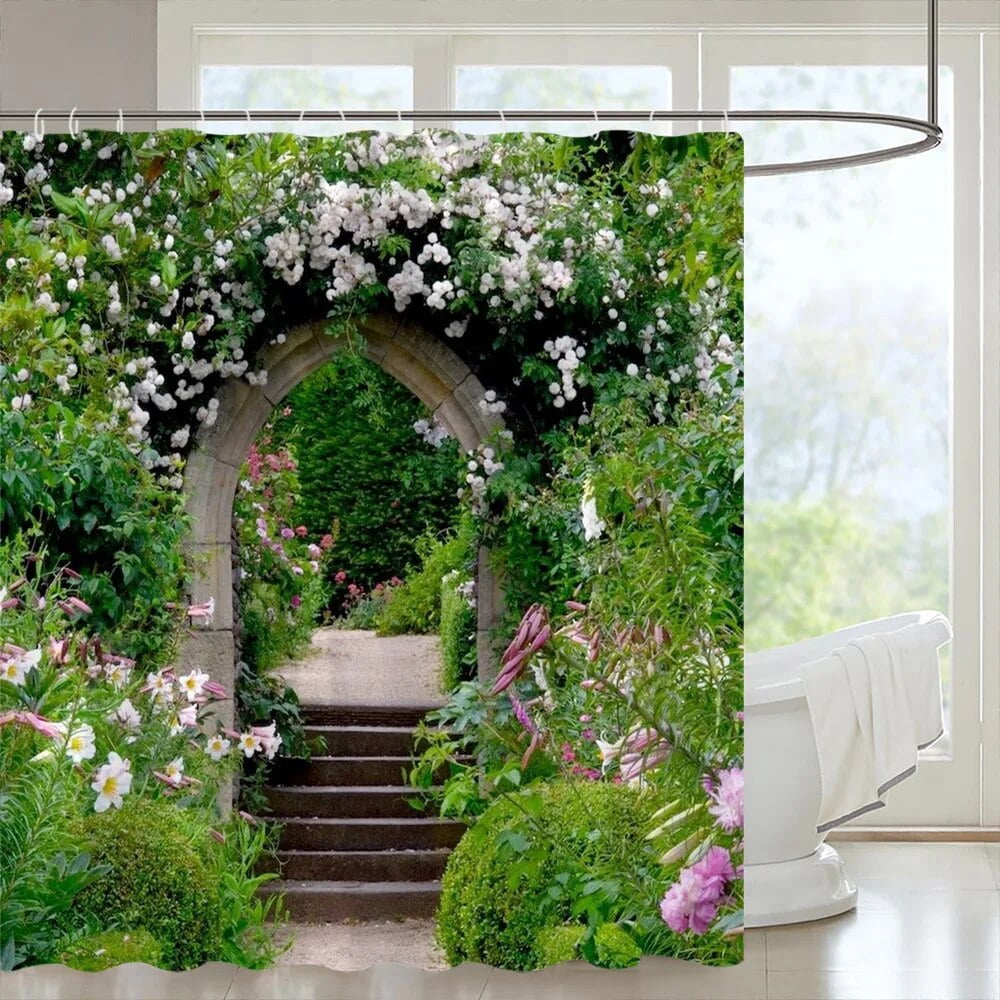 Garden Landscape Outdoor Shower Curtain Street Flowers Green Plants