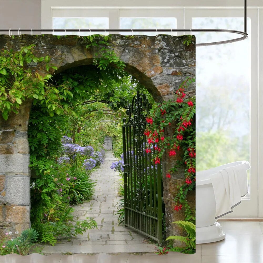 Garden Landscape Outdoor Shower Curtain Street Flowers Green Plants