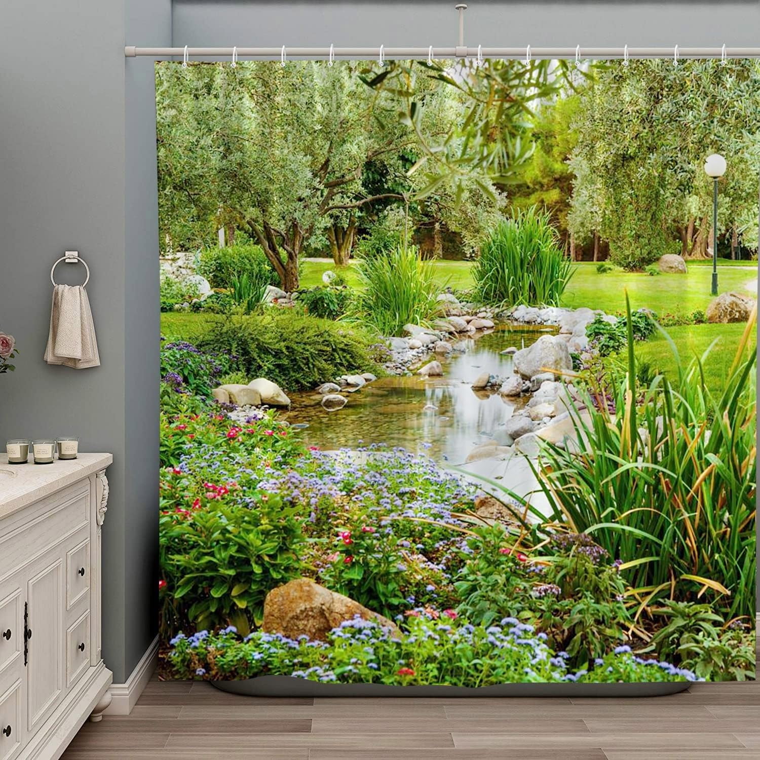 Garden Landscape Shower Curtain Colorful Floral Spring Summer Nature Plants Scenery Country Flower Rustic Bathroom Decor Set Polyester Fabric Curtains with Hooks 70Wx70H Inch