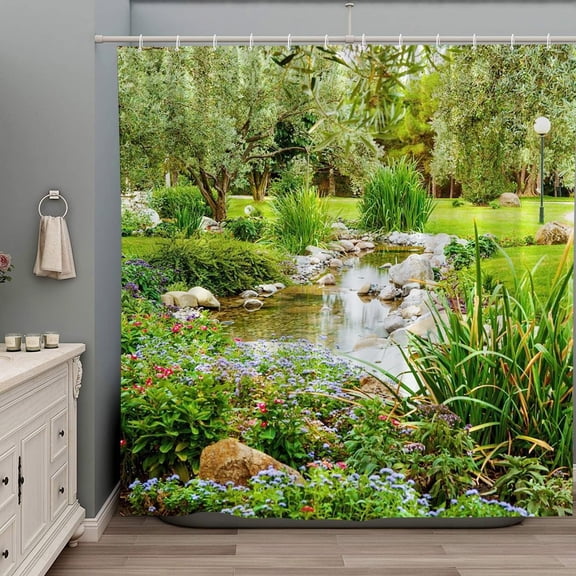 Garden Landscape Shower Curtain Colorful Floral Spring Summer Nature Plants Scenery Country Flower Rustic Bathroom Decor Set Polyester Fabric Curtains with Hooks 70Wx70H Inch