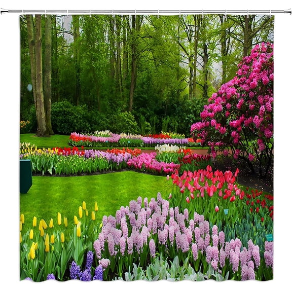 Garden Landscape Shower Curtain Colorful Flower Green Plant Tulip Floral Forest Tree Spring Nature Scenic Rustic Bathroom Home Curtain with Hooks,70" Wx70 H