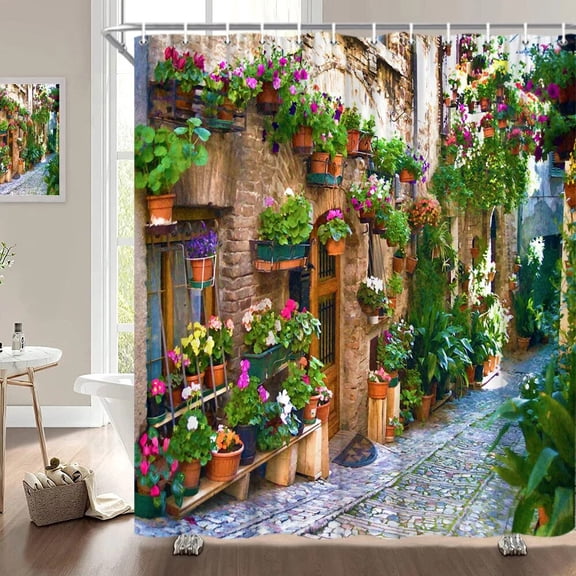 Garden Landscape Shower Curtains Spring Flowers Forest Deer Seaside Town Oil Painting Lavender Rural Scenery Decor Bath Curtain