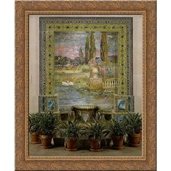 Garden Landscape and Fountain 20x23 Gold Ornate Wood Framed Canvas Art by Tiffany, Louis Comfort