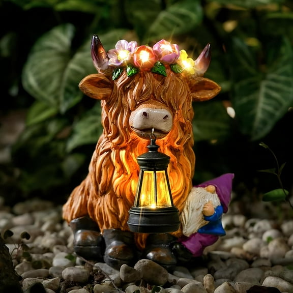 Garden Lantern Statues Resin Highland Cow with Gnome Outdoor Solar Light Decor Funny Decorations for Yard and Patio Gifts
