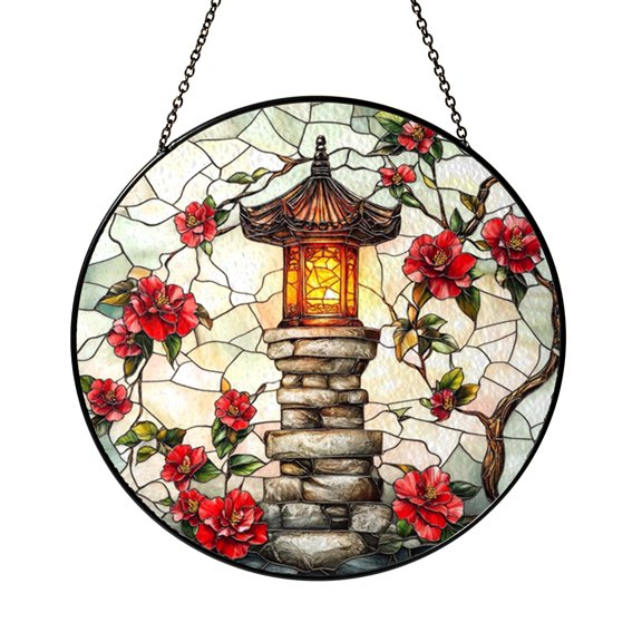 Garden Lantern with Cherry Blossoms Stained Glass Style Window Hanging – Floral Decor