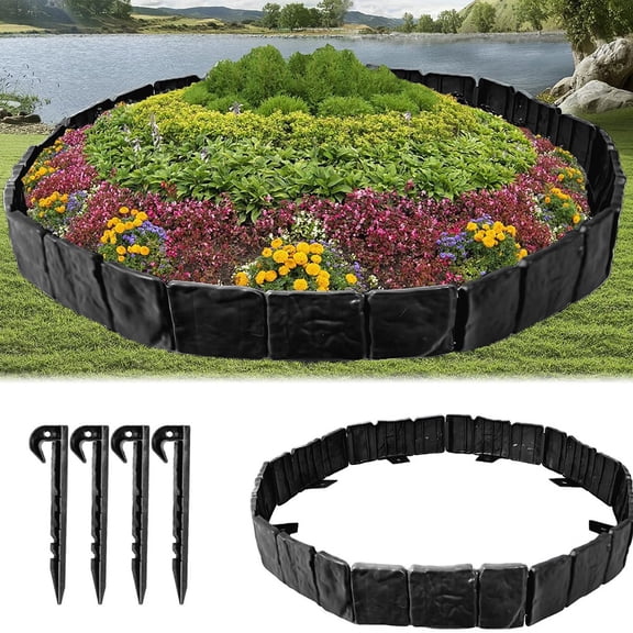 Garden Lawn Edging Border With Strong Securing Pegs, Flexible Plastic Landscape Edging For Curves And Angles, Plant Root Barrier For Yard Flower Beds, Easy Install No Dig Kit(Black)