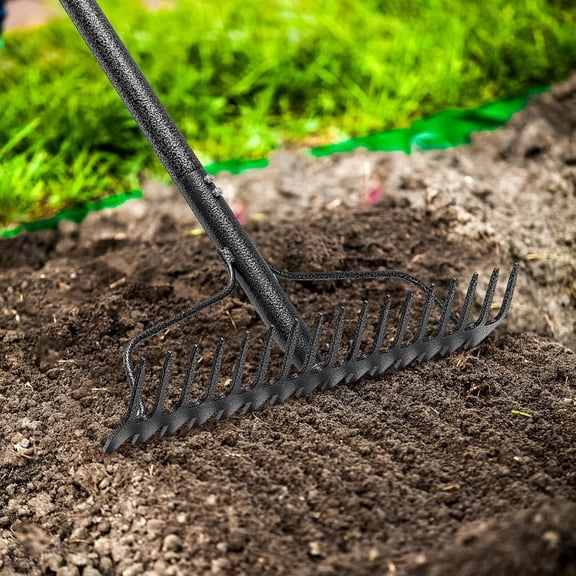 Garden Leaf Rake with 77 Inch Handle, Heavy Duty 17 Inch Wide Metal Garden Lawn Rake for Loosening Soil Raking Leaf Leveling Rocks Spreading Mulch Gravel, Rustproof Metal Bow Rakes Garden Tools