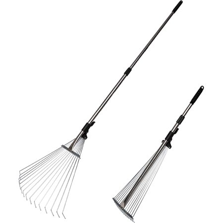 Garden Leaf Rake Adjustable Lightweight Telescopic Metal Rake with Expandable 7.5-20 Width Folding Head,32-62.6 Inches,Stainless Steel