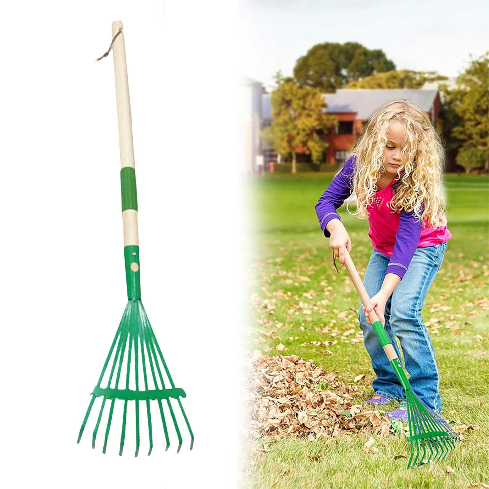 Garden Leaf Rake Set with Sturdy Wooden Handle and 9 Tines for ...