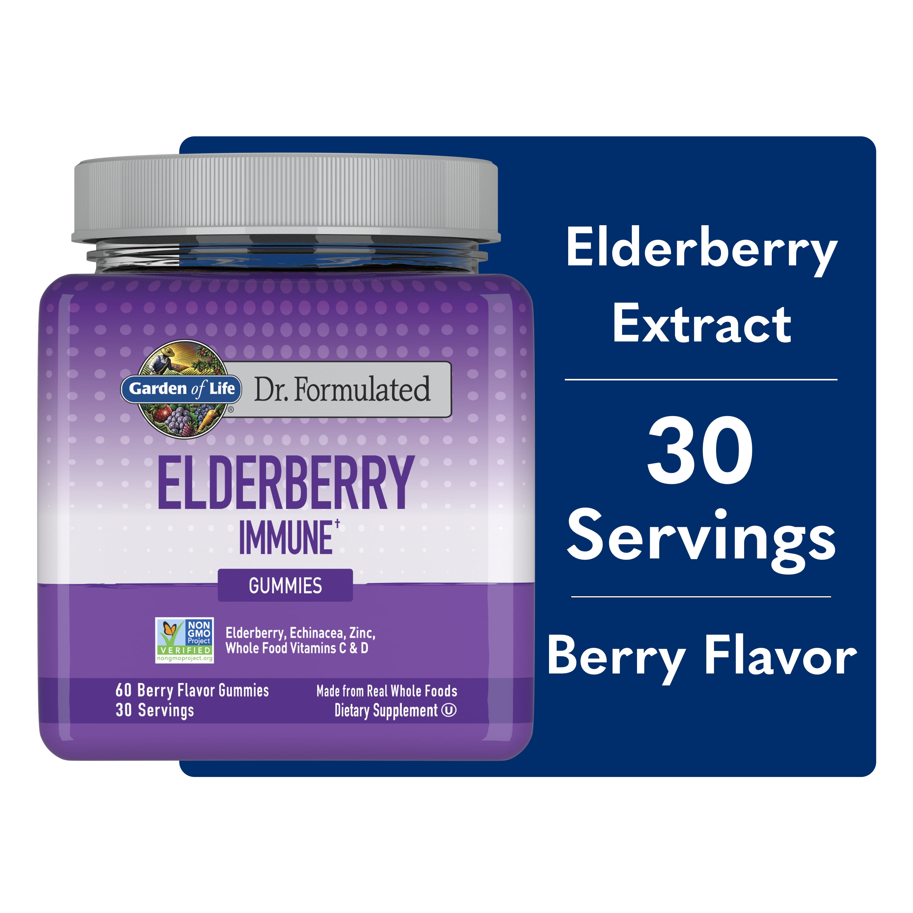 Garden of Life Elderberry Immune Gummies with Zinc, Whole Food Vitamin C & D3 – Non-GMO, Berry Flavor, 60ct