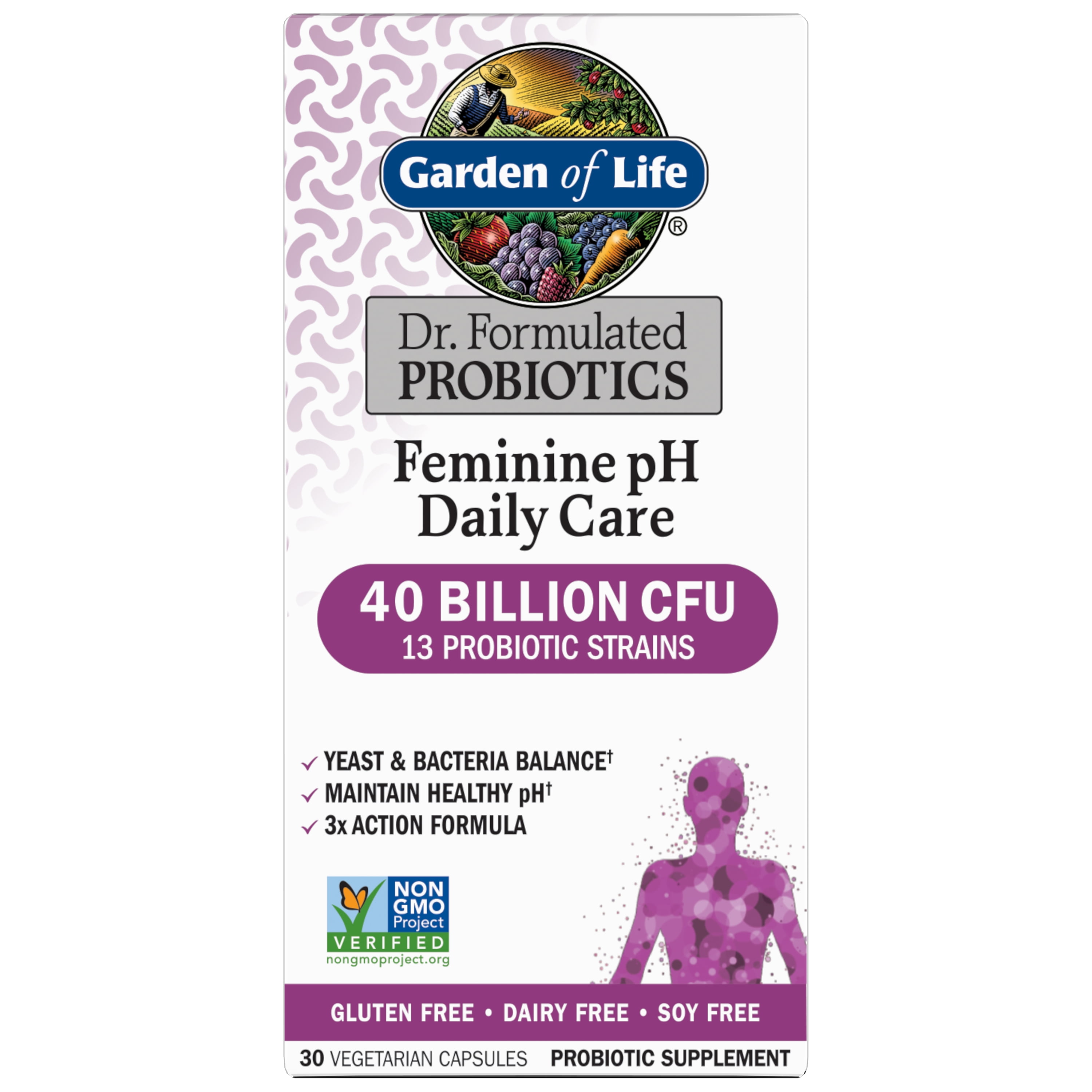Garden of Life Dr. Formulated Feminine pH Daily Care Probiotic, 40 Billion CFU from 13 Probiotic Strains - Yeast & Bacteria Balance, Healthy pH, 3x Formula - 30 capsules, 1 month supply