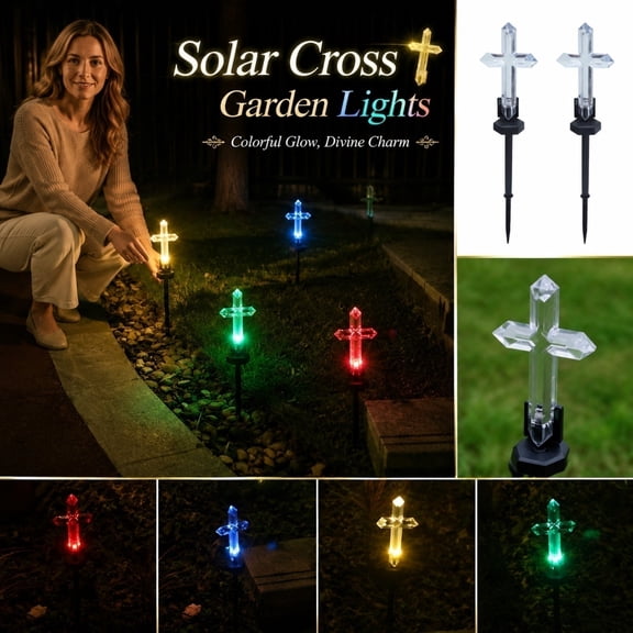 Garden Lights Solar Powered, Solar Yard Decor, Solar Lights Outdoor Pathway, Waterproof Light, 2 Pack 19 Inch Rainbow Gradient Cross Ground Insert Solar Lamps, 2 Pack Outdoor