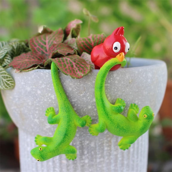 Garden Lizards Statue,Resin Bird and Lizards Figurines,Miniature Full Color Flower Pot Lizard Hugger Decorations,Fairy Bird Pot Buddy,Cute Animals Pot Hugger Figurines