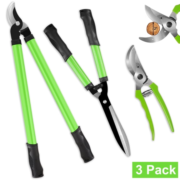 Garden Loppers Pruning Shears, Updated 3PCS Hedge Clippers Combo Set, Branch Cutter with Compound Action, Chops Thick High Branch Ease, Professional Tree Trimmer Set Heavy Duty,Gardening Tools