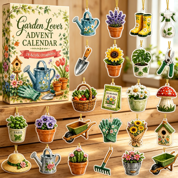 Garden Lover Advent Calendar‑24‑Day Holiday Countdown, Double‑Sided Acrylic Hanging Ornaments, Gardening‑Tool & Plant Decor for Christmas Tree and Indoor Winter Holiday Decoration