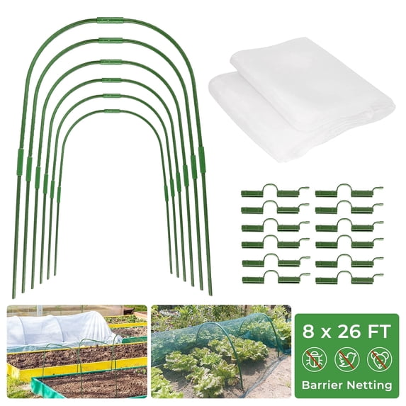 Garden Mesh Netting & Hoops Kit, 8 x 26 FT Plant Cover with Bracket for Vegetable Plants Fruits Flowers Greenhouse