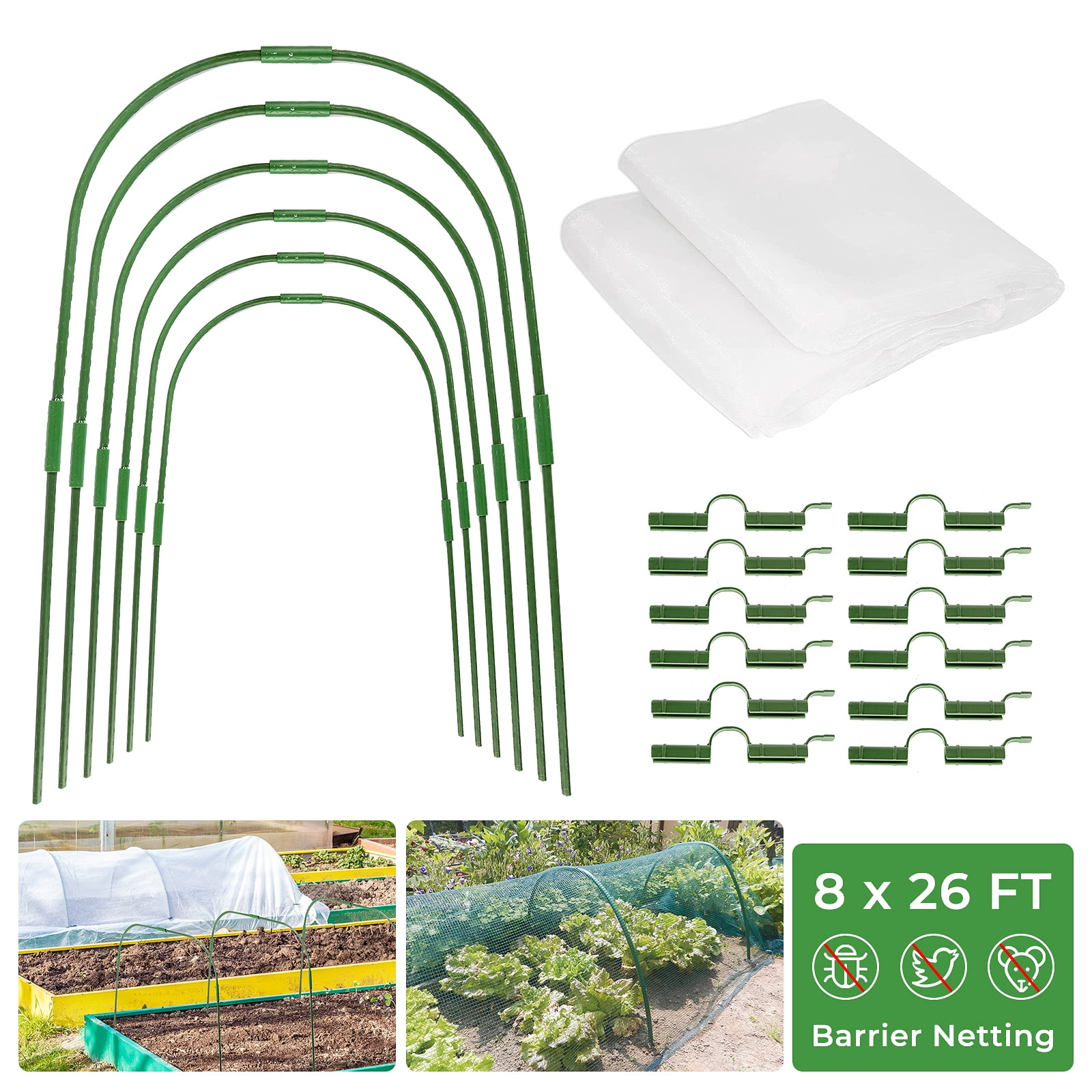 Garden Mesh Netting & Hoops Kit, 8 x 26 FT Plant Cover with Bracket for