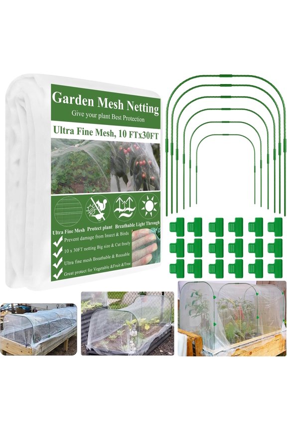 Garden Mesh Netting Kit, Plant Covers 10x30Ft Ultra Fine Mesh Netting & 6Pcs Garden Hoops &18 Clip, Garden Netting Kit for Raised Beds Plants Pest Barrier Greenhouse Row Cover Animal Protection Net