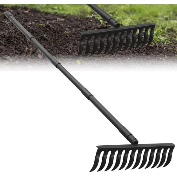 Garden Metal Bow Rake with 60 Inch Long Adjustable Handle,17 Inch Wide Heavy Duty Yard Thatch Rock Rakes for Gardening, Lawn Leveling, Loosening Soil, Gathering Grass, Gravel, Mulch, Leaves