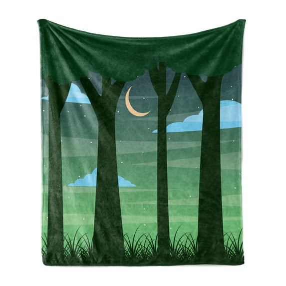 Garden Mist Soft Flannel Fleece Blanket, Dreamy Forest Trees at Night Sky with Crescent Moon Cloud and Stars, Cozy Plush for Indoor and Outdoor Use, 70" x 90", Dark Green Multicolor, by Ambesonne