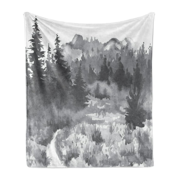 Garden Mist Soft Flannel Fleece Throw Blanket, Greyscale Design Watercolor Hand Painted Image of Forest, Cozy Plush for Indoor and Outdoor Use, 70" x 90", Grey Dark Grey and White, by Ambesonne