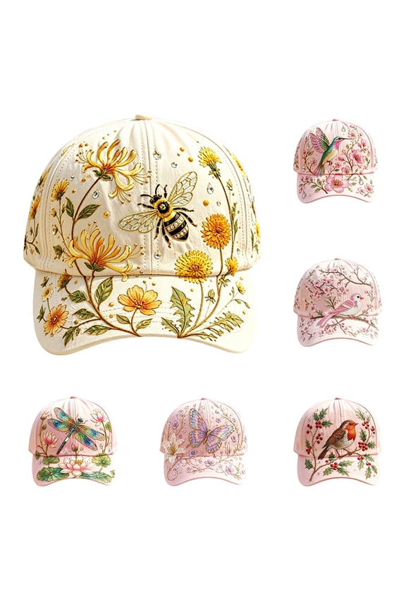 Garden Morning Baseball Cap, Cute Garden Floral Bee Hummingbird Hat, Elegant Flowers Birds Animal Cap, Adjustable