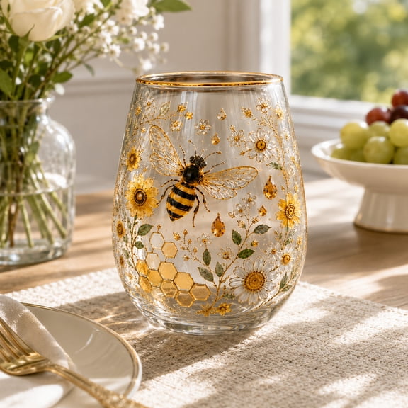 Garden Morning Bliss Glass Cup - Honeybee Stemless Floral Drinking Glass with Hand Painted Bee, Gold Rim, & Rhinestone Embellishments - Nature Inspired Decorative Tea & Coffee Glass Gift