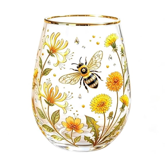 Garden Morning Bliss Glass Tea Cup Aesthetic Garden Inspired Elegant Gold Rimmed Glassware Nature Art Decorative Glassware For Women Home Gifts Friends (Bees)