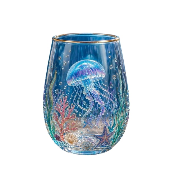 Garden Morning Bliss Glass Tea Cup, Decorative Transparent Jellyfish Stemless Wine Glass, Gold Rim Ocean Coral Starfish Shell Design Glass Cup, Unique Gift for Sea Lovers