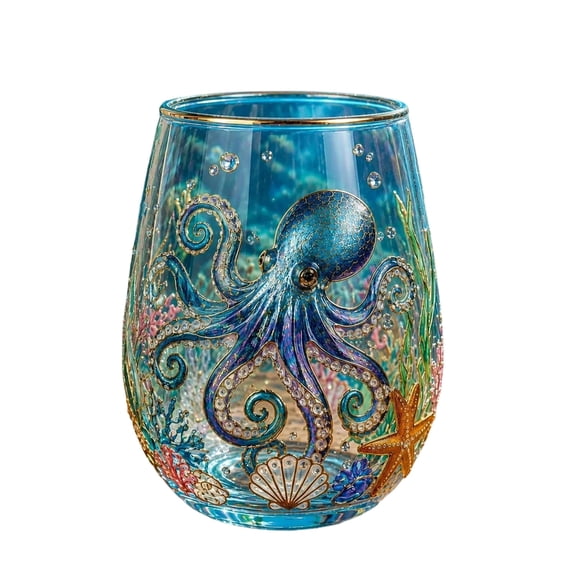 Garden Morning Bliss Glass Tea Cup, Decorative Transparent Octopus Stemless Wine Glass, Gold Rim Ocean Coral Starfish Shell Design Glass Cup, Unique Gift for Sea Lovers